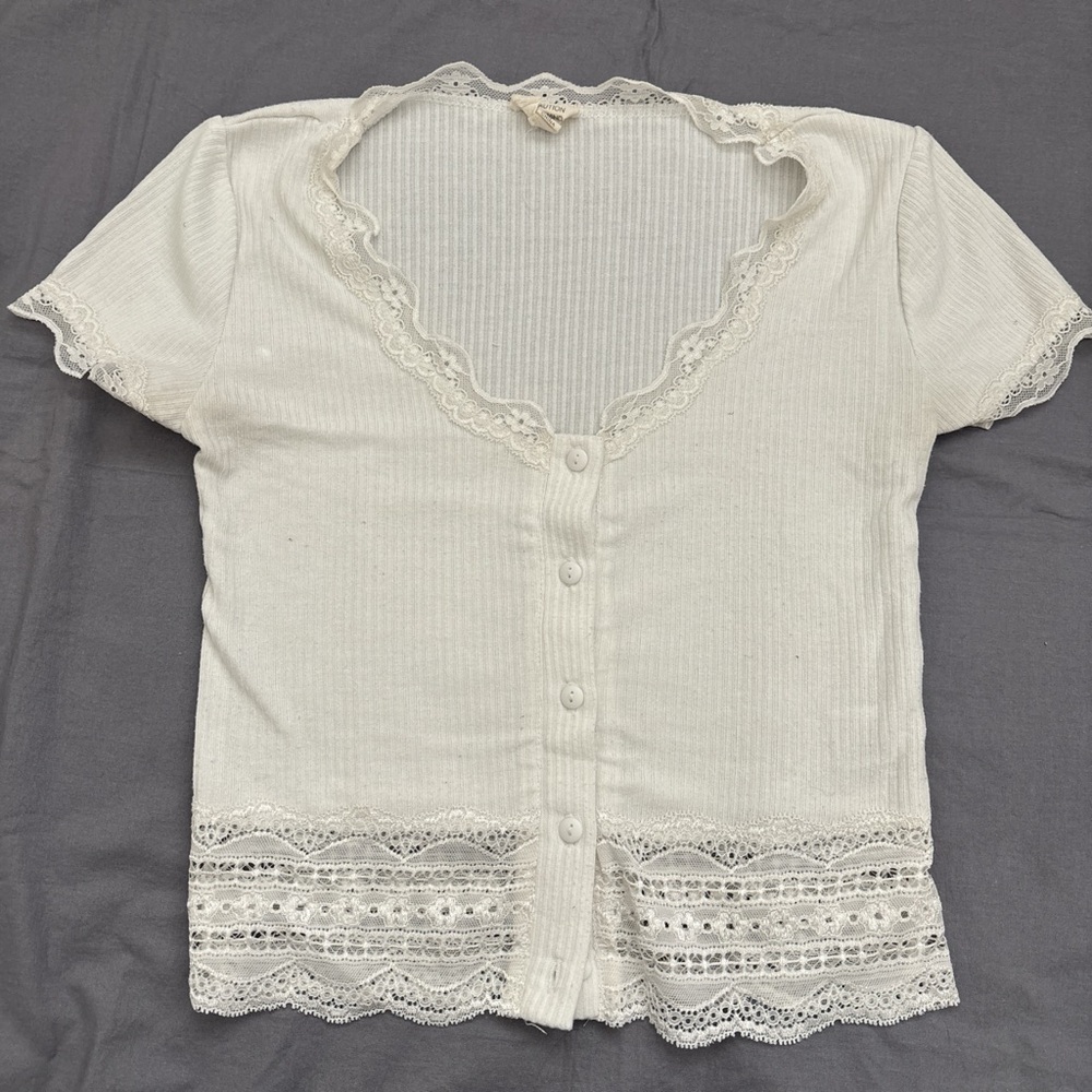 Caution To The Wind White Lace Button-Up Blouse